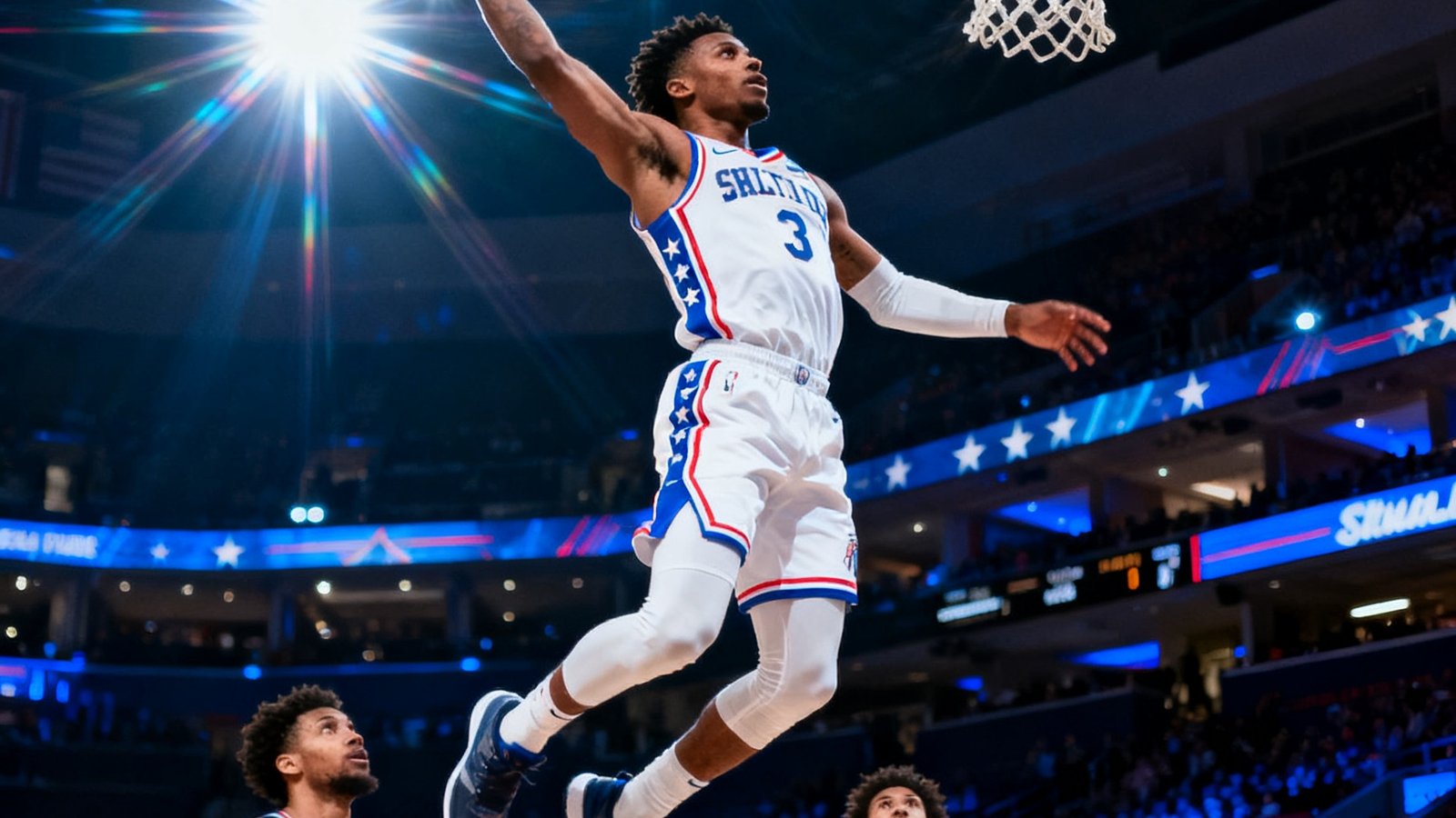 NBA全明星扣篮大赛麦克朗飞跃两人暴扣，场馆内闪光灯不断