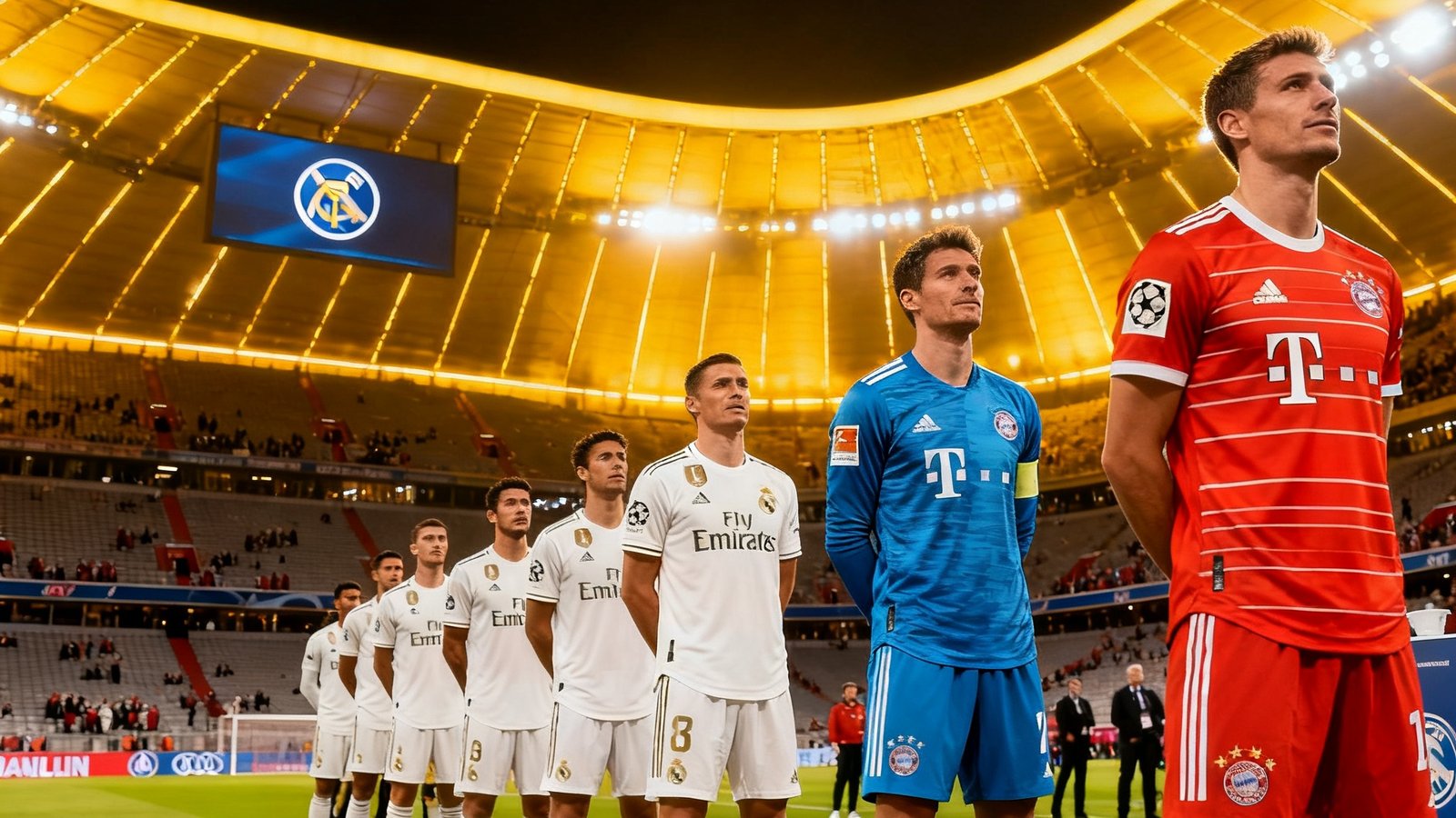 欧冠半决赛皇家马德里对阵拜仁慕尼黑，安联球场灯光璀璨，球员入场